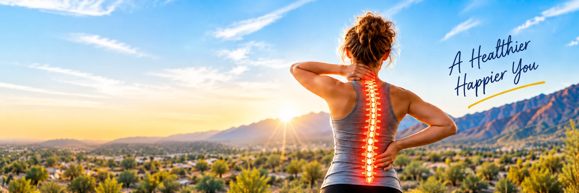 Woman overlooking a golden Arizona valley at sunrise with her glowing spine highlighted and the handwritten words A Healthier Happier You