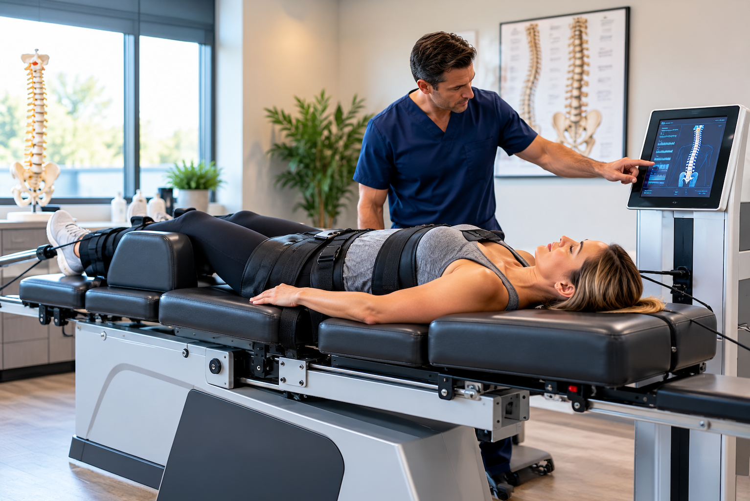 Patient on a spinal decompression table while a clinician points to a spine scan on a monitor