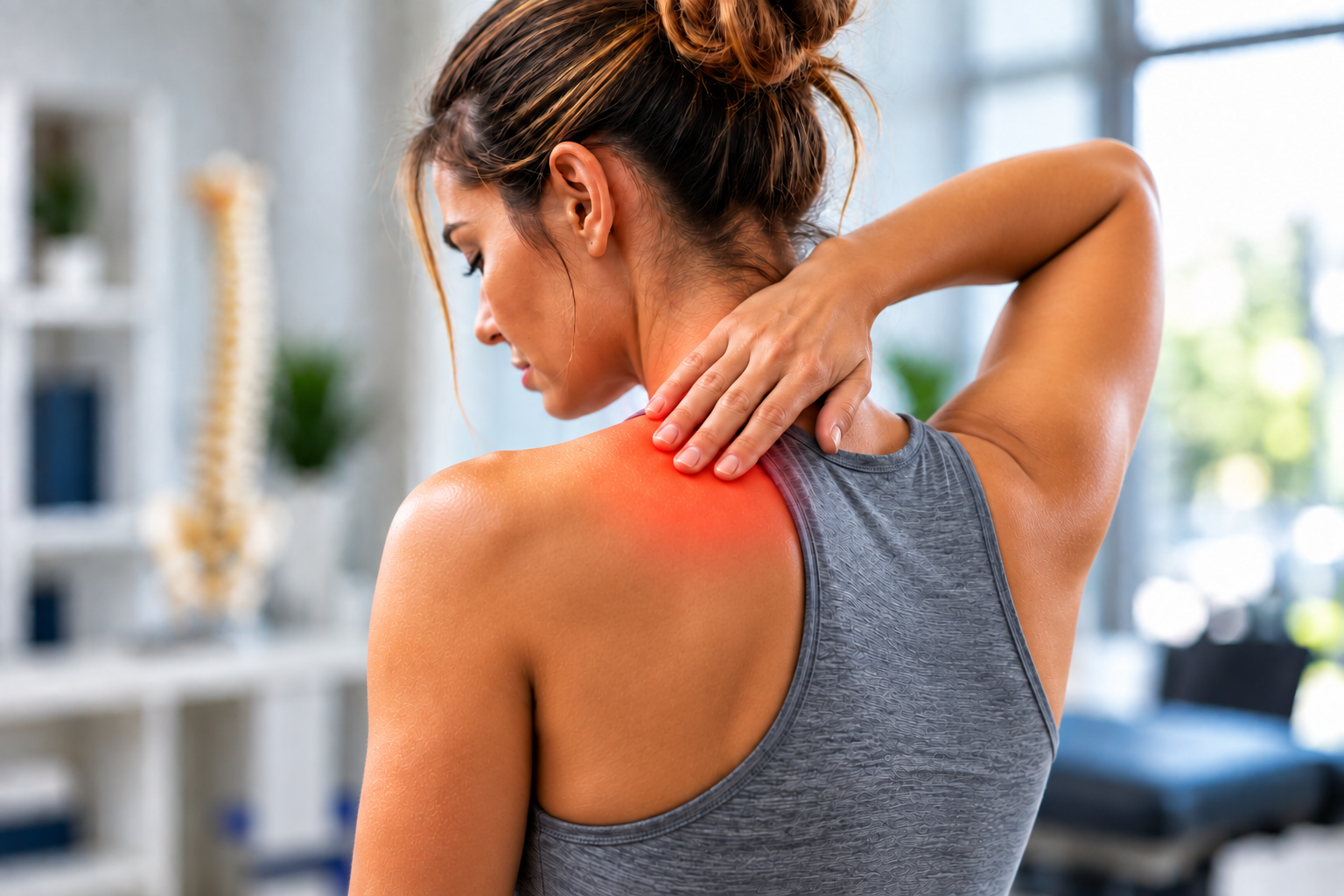 Woman holding her neck with the painful area highlighted